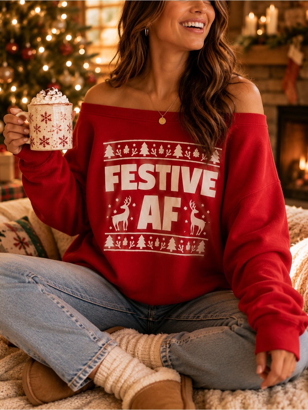 Festive AF Christmas Sweatshirt Women's Large Red Graphic Ugly Sweater Holiday P